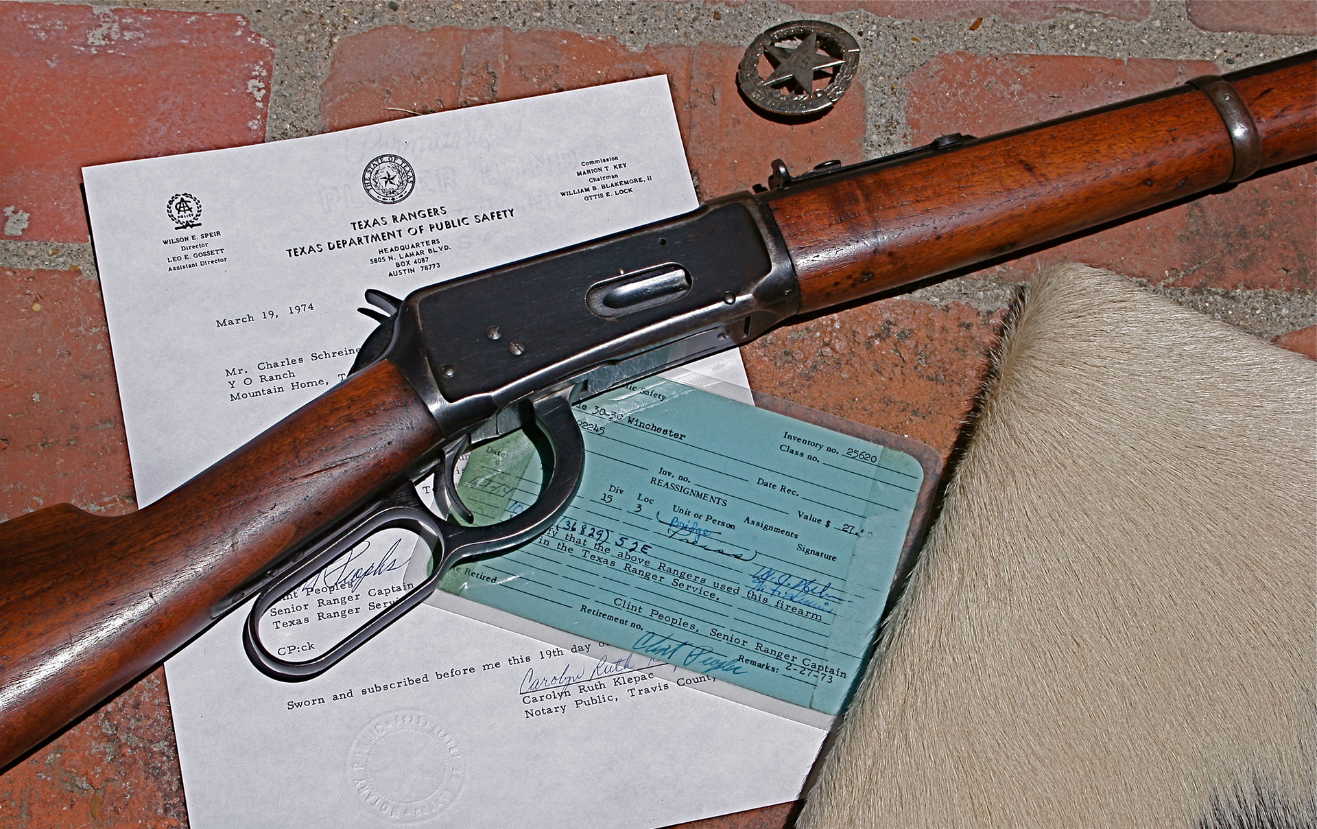 Winchester Model 1894 lever-action rifle blued metal and brown wood Texas Ranger with supporting documents.