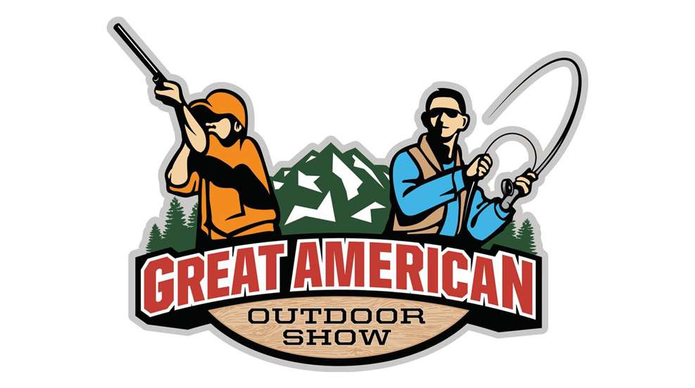Great American Outdoor Show logo man fishing hunting mountains cartoon graphic