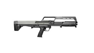 Right-side view keltec ksg410 pump-action shotgun bullpup black metal plastic white background