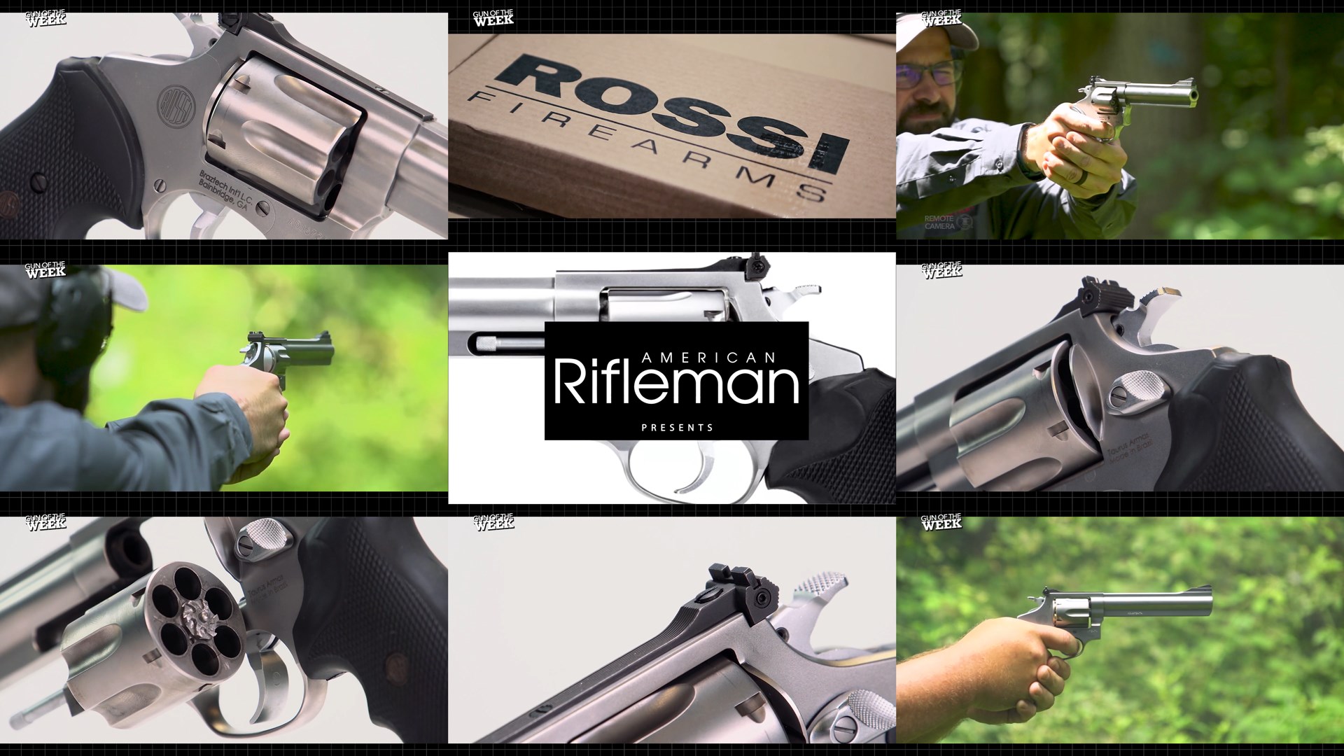 Rossi USA American Rifleman Text on image tiles 9 images arrangement gun details man shooting outdoors