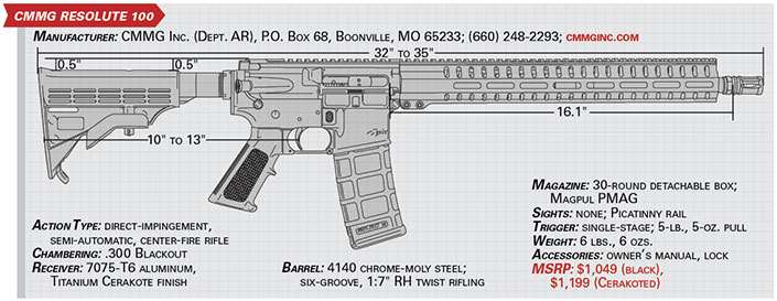CMMG resolute 100 line drawing shown on chart with rifle specifications.