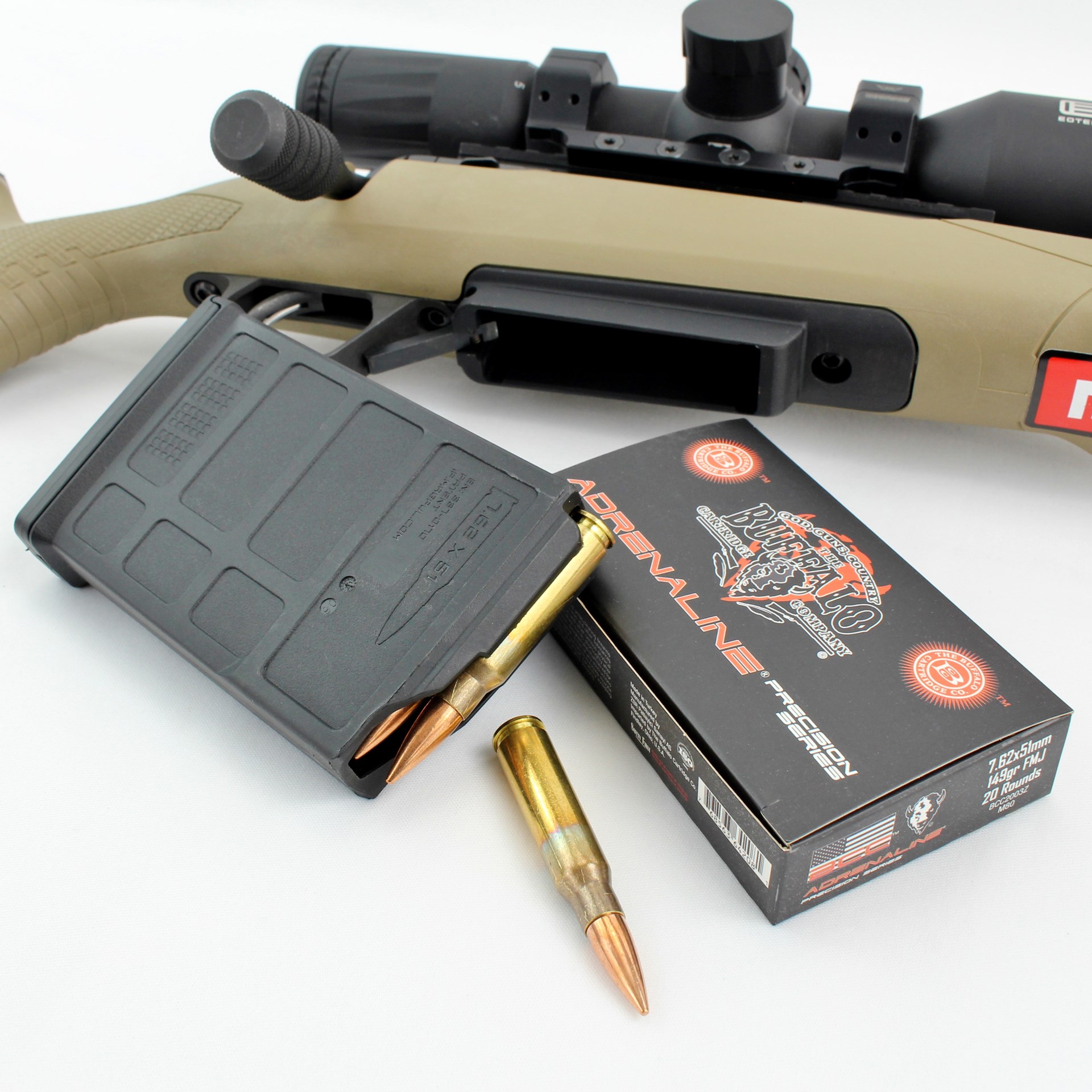 Savage 110 Carbon tactical fde bolt-action rifle with magazine and ammunition