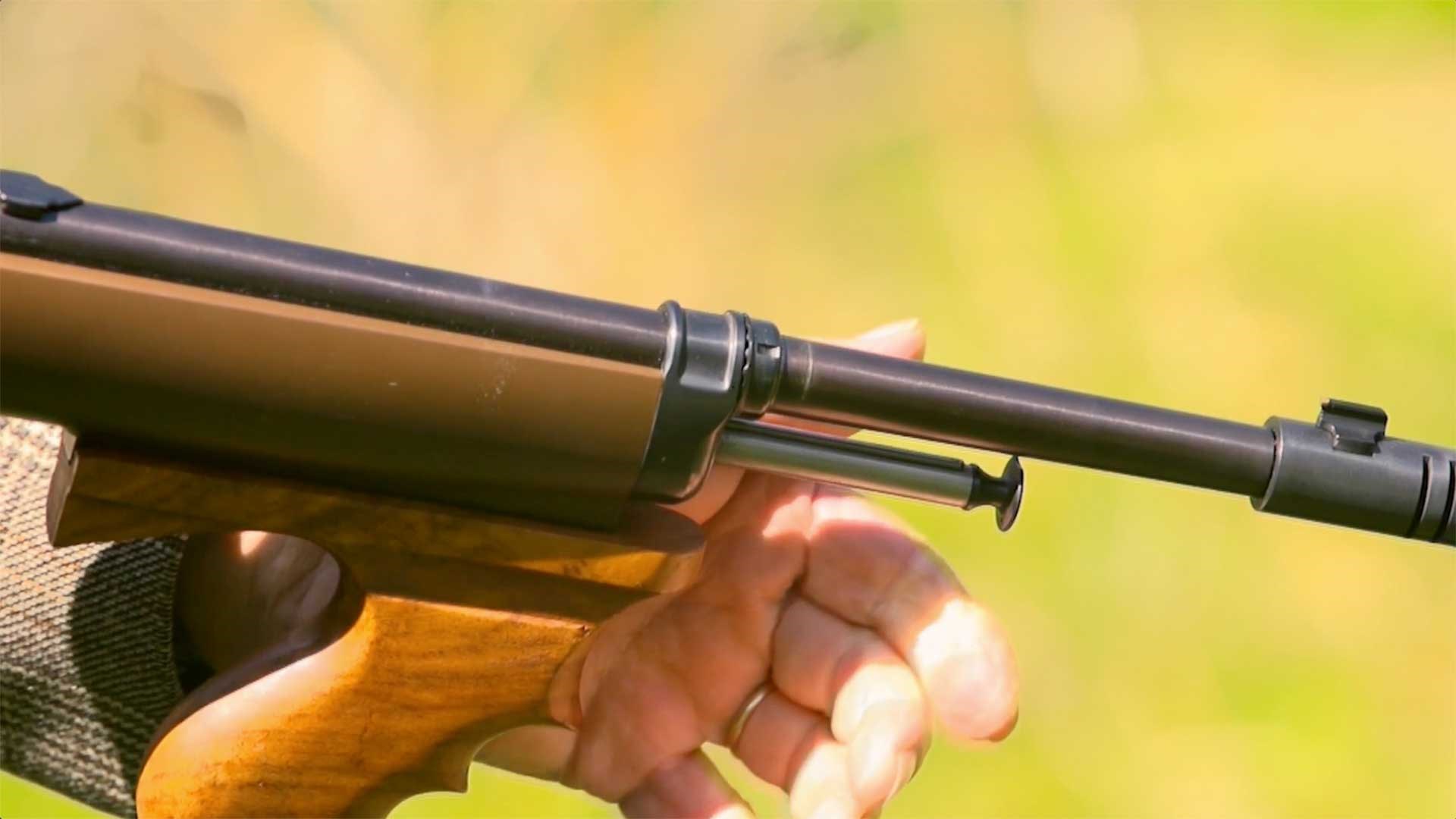 Forend, foregrip and cocking lever of the Winchester Model 1907 rifle.