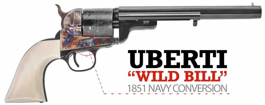 Right side of Uberti Wild Bill 1851 Navy Conversion revolver on white background with text on image noting make and model.