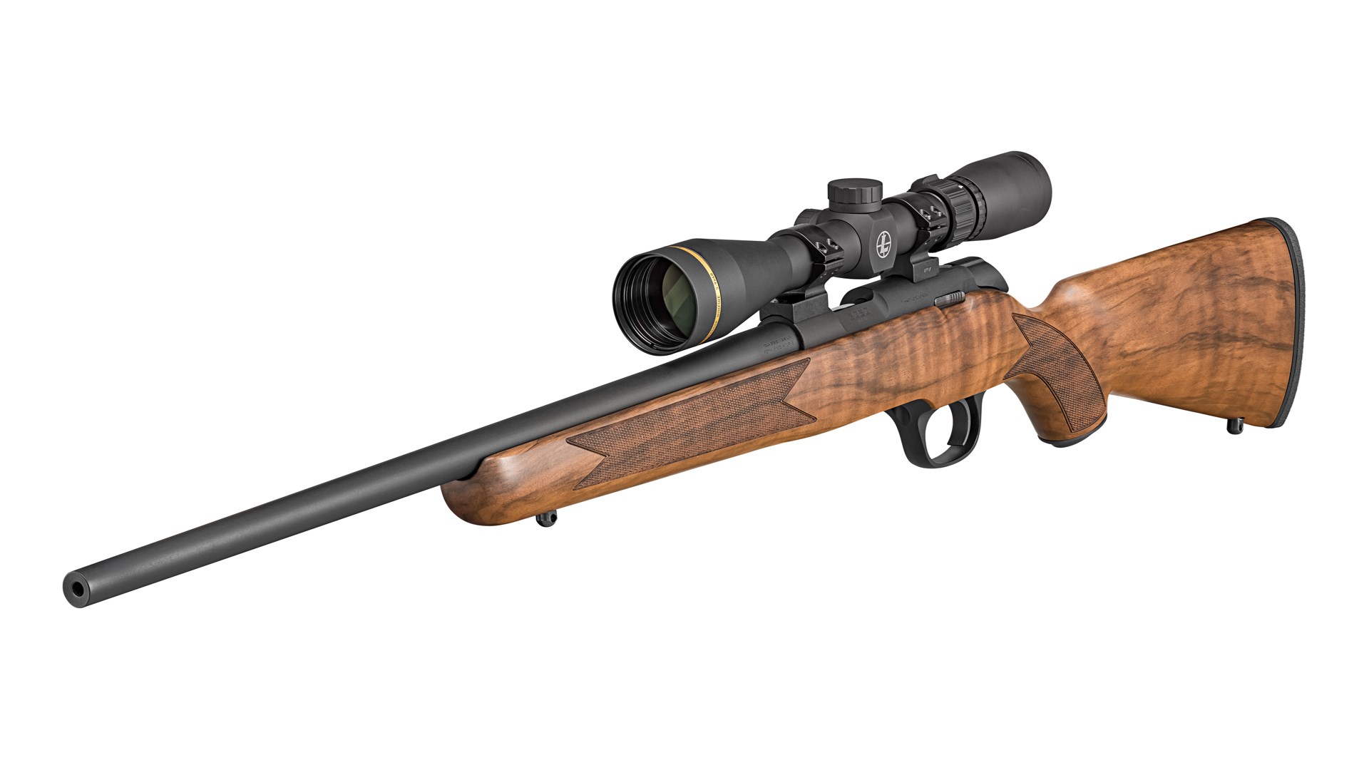 Left side angled shot of the Springfield Model 2020 Rimfire Sporter with a Leupold scope mounted.