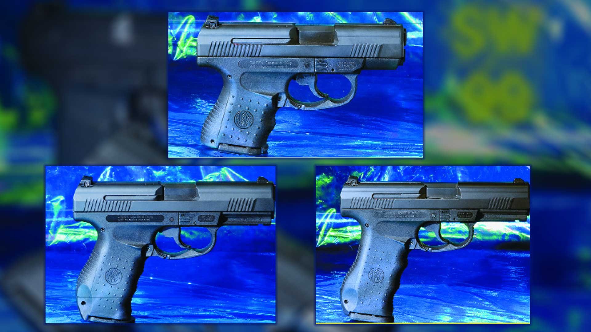 three black pistols facing right blue background guns lineup