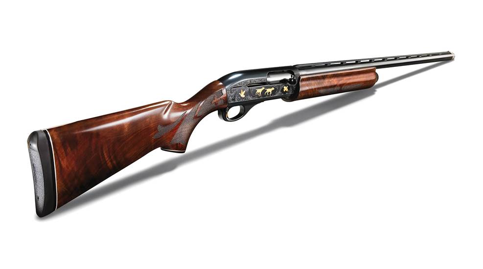 Right side angle view Remington Model 1100 wood shotgun engraving gold enlay 