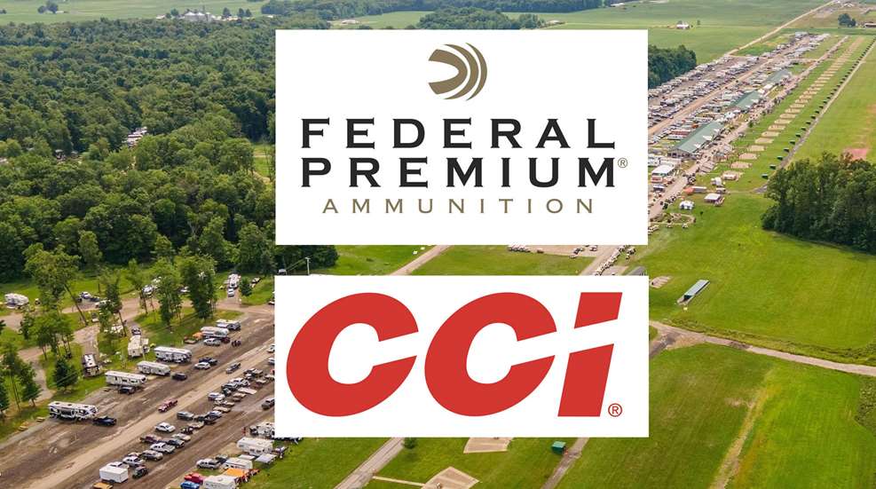 Federal premium ammunition CCI logo overlay outdoor shooting complex grass trees cars tents