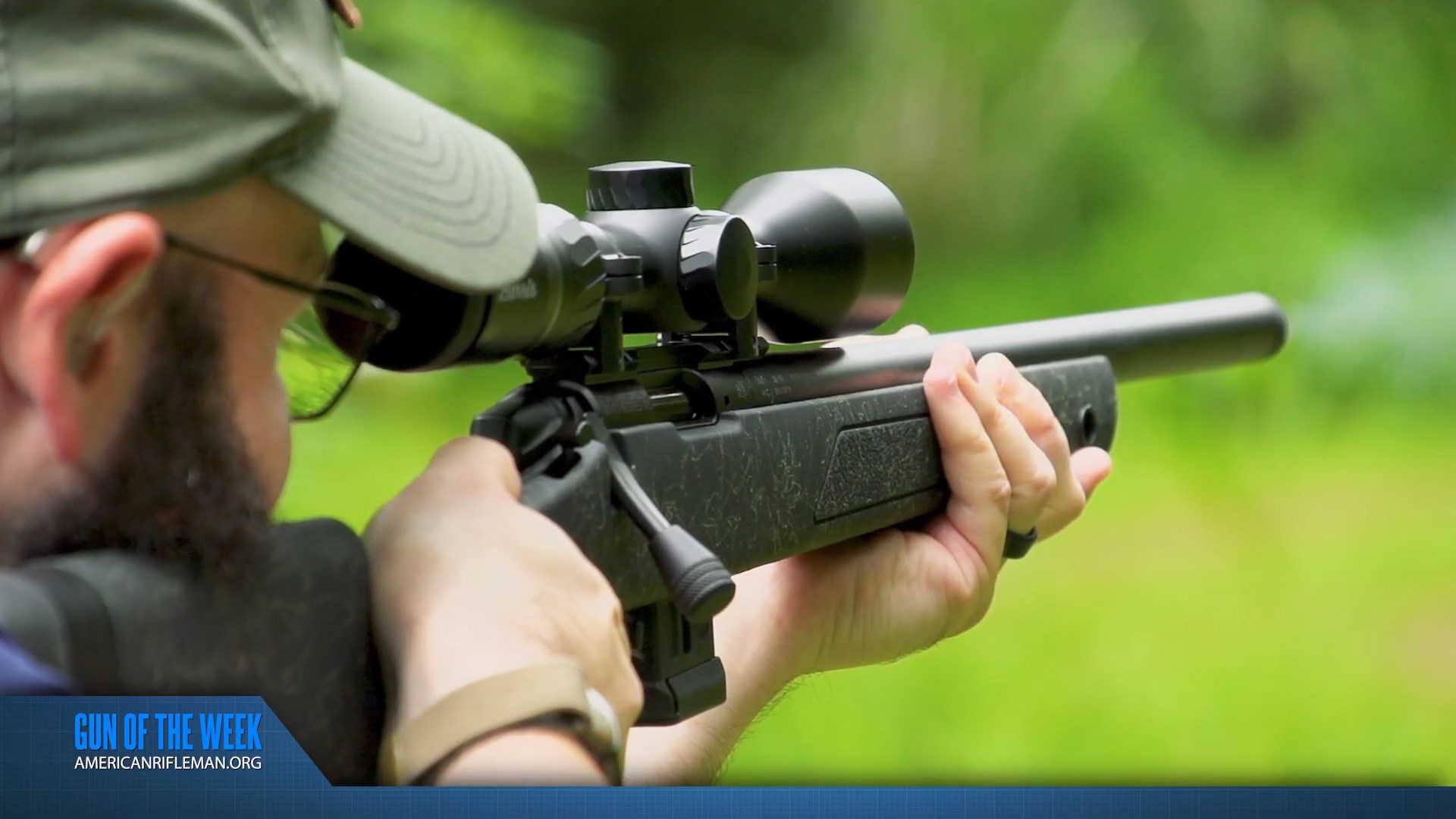 GUN OF THE WEEK AMERICANRIFLEMAN.ORG text banner over man shooting Bergara BMR-X Steel bolt-action .22 Long Rifle rifle outdoors rear quartered view barrel smoke