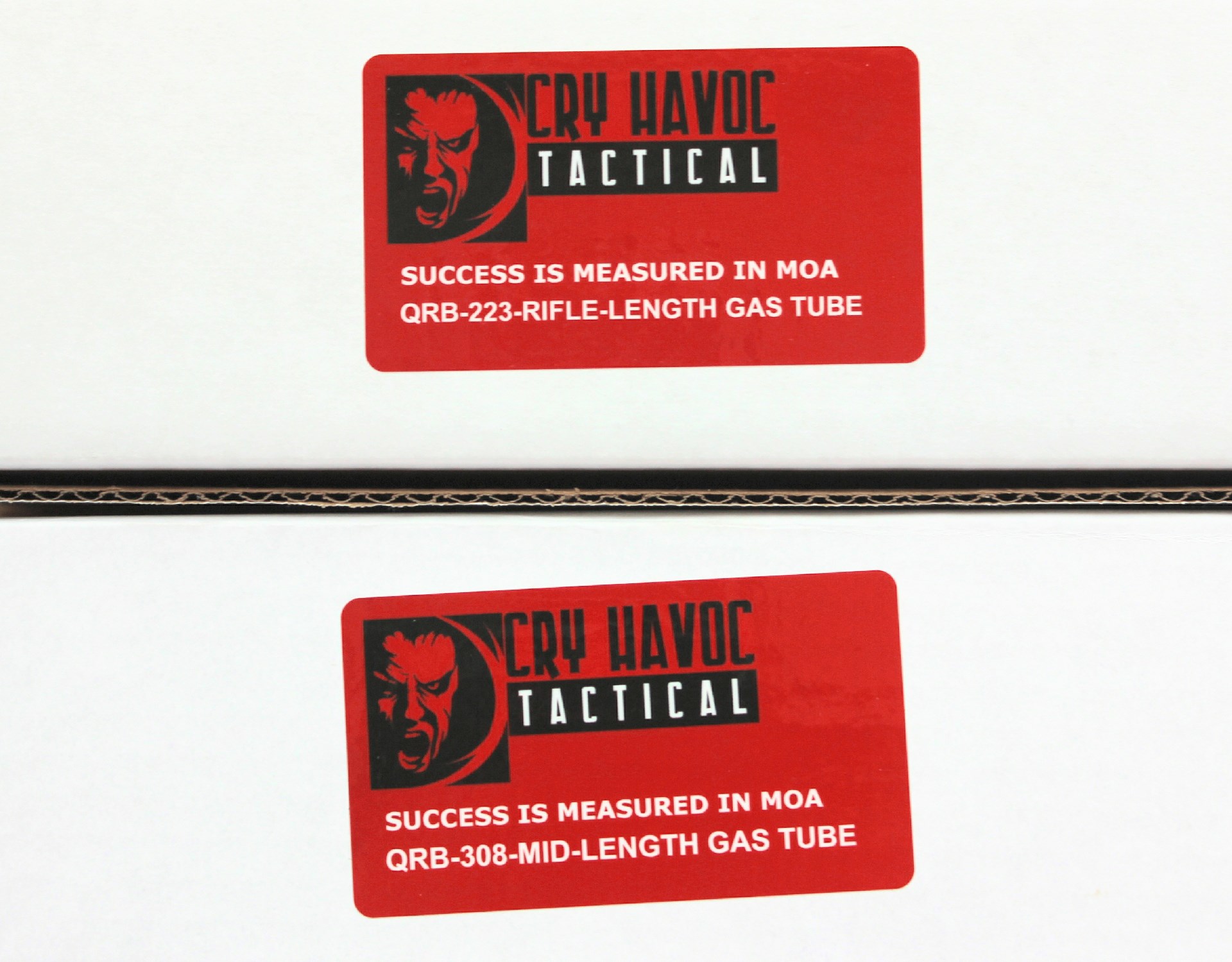 Cry Havoc Tactical red labels on white parts boxes with black white text and company logo
