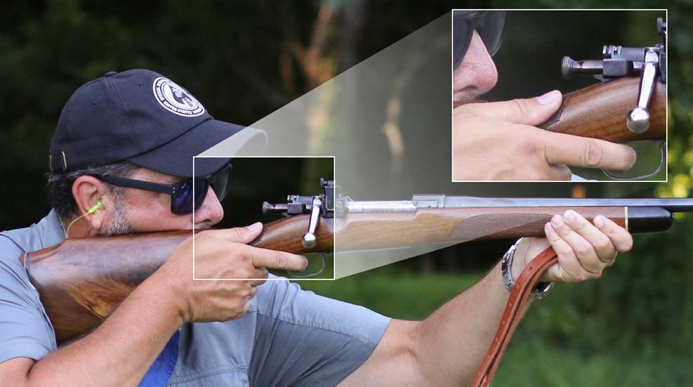 Thumps Up illustration of man wearing blue hat glasses earplugs shooting bolt-action vintage rifle inset image closeup of hand grip thumbs up