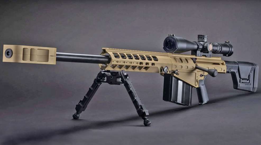 Auto Ordnance Thompson AO50 bolt-action rifle on bipold and shown with optic and brown-colored accessories