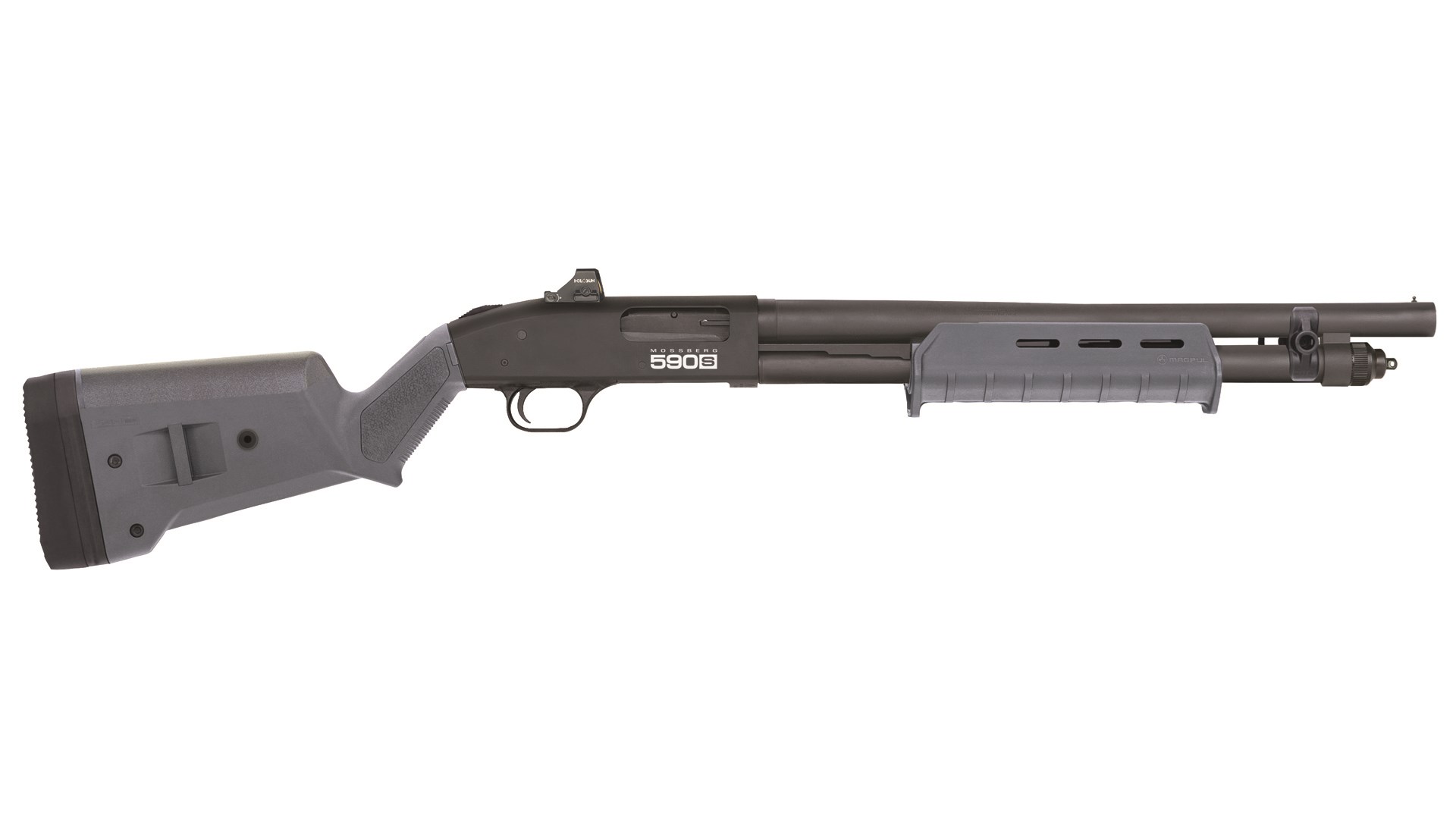 Mossberg 590S Magpul Edition shotgun shown with a red-dot sight installed.
