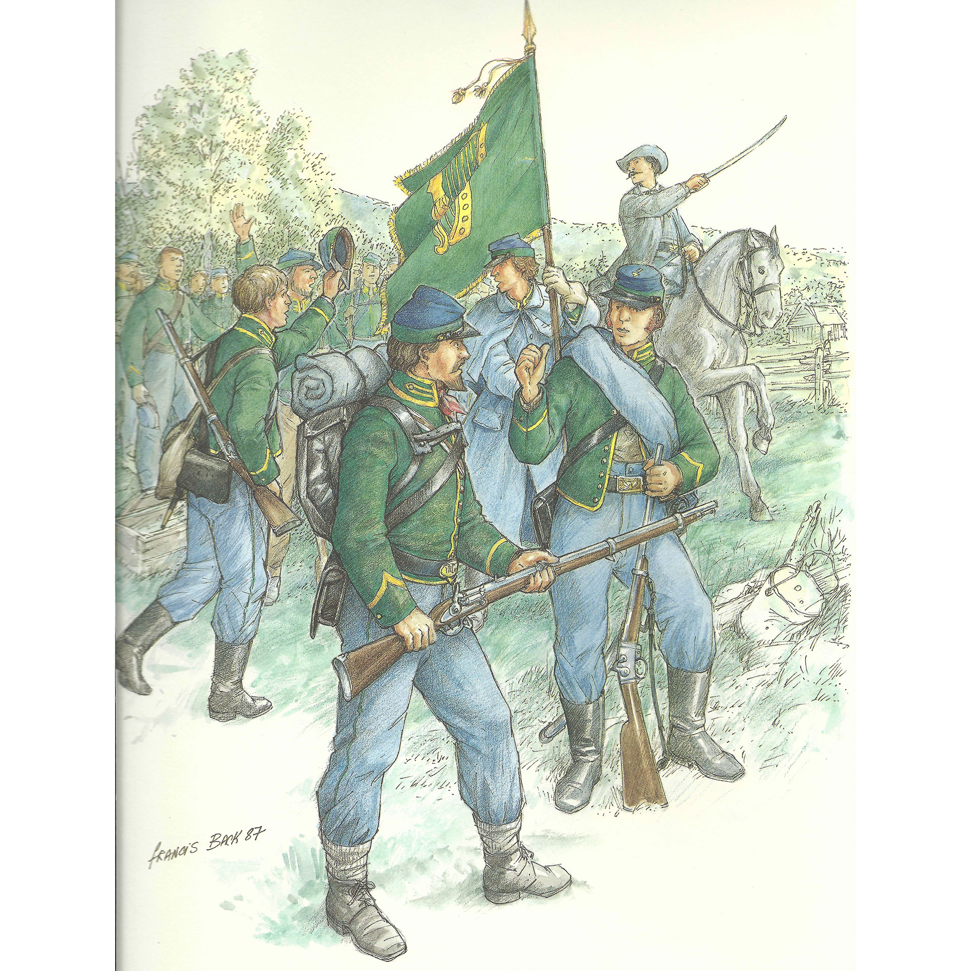 As shown in this Military Uniforms in America illustration, the Fenians wore green uniforms and carried both Civil War-era rifle-muskets, and breech-loading .58-cal., centerfire Needham conversions of rifle-muskets when they invaded Quebec at Eccles Hill in 1870. Image courtesy of the Company of Military Historians.