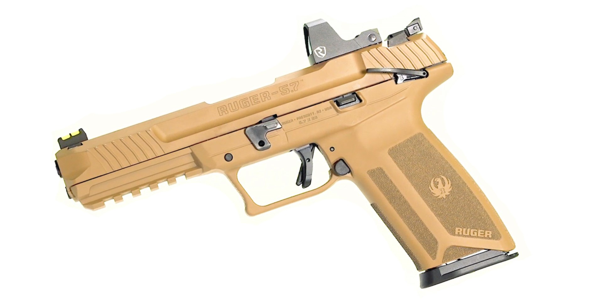 left side ruger-5.7 flat dark earth colored pistol gun on white