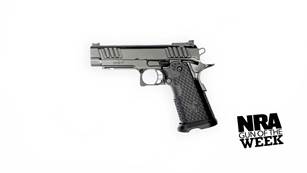 gun pistol left side black handgun text on image noting "nra gun of the week"
