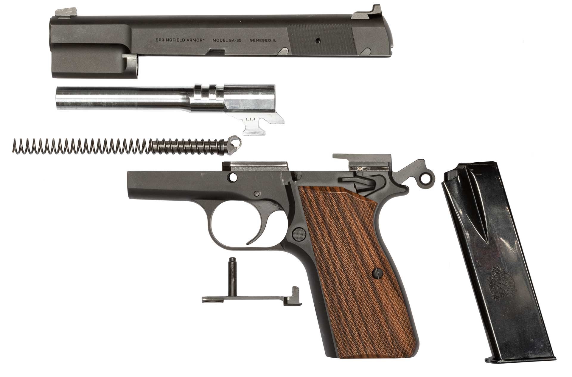 Springfield Armory SA-35 High Power shown on white, field-stripped.