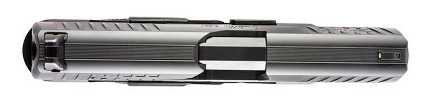 top down view walther arms q4 steel frame pistol handgun semi-automatic black metal serrations