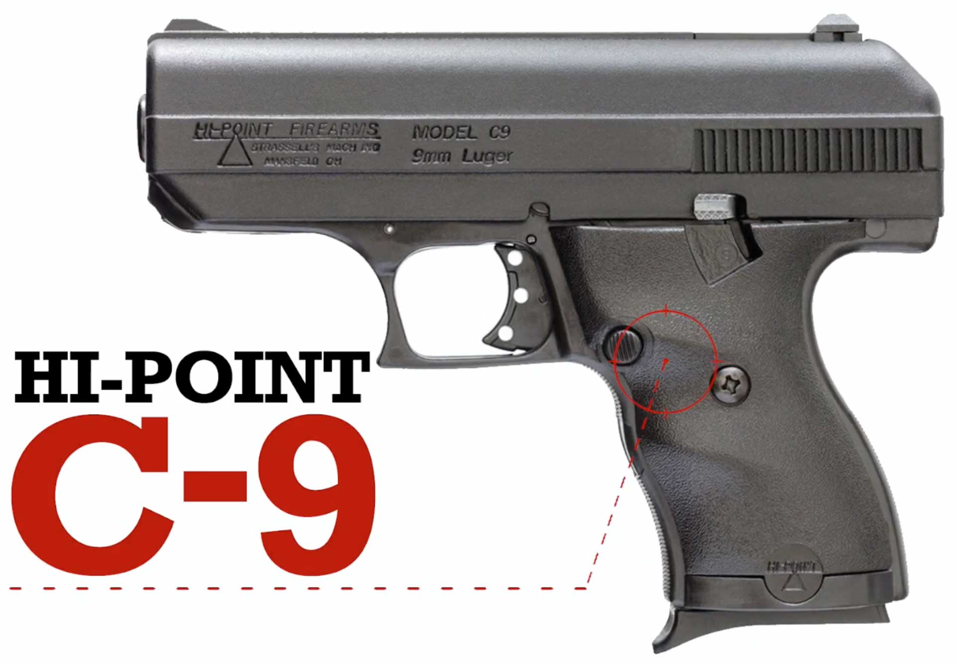 left side handgun pistol black gun text on image noting "HI-POINT C-9"
