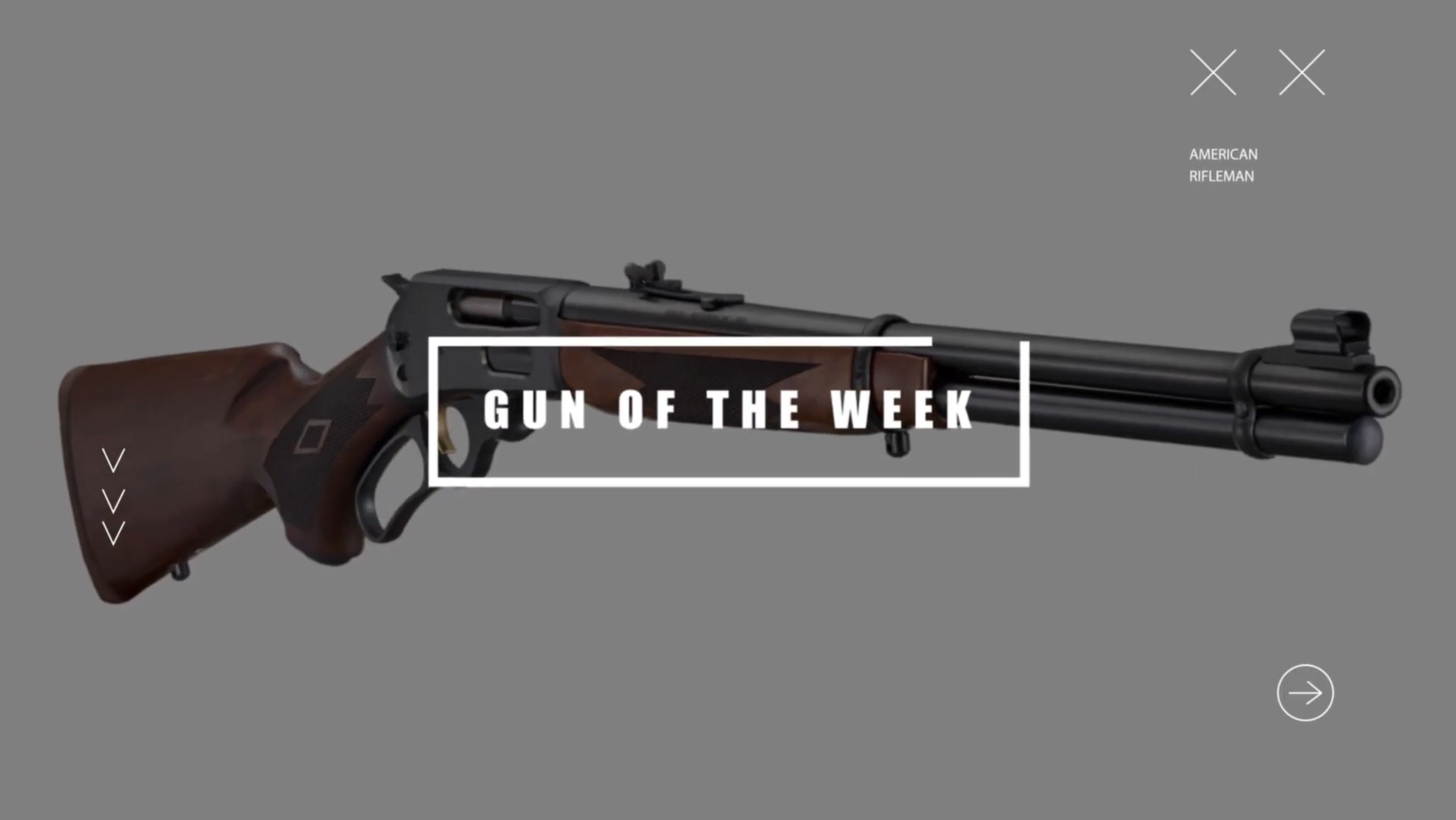 GUN OF THE WEEK title screen text overlay marlin model 336 classic lever-action rifle background blurred gray X AMERICAN RIFLEMAN arrows