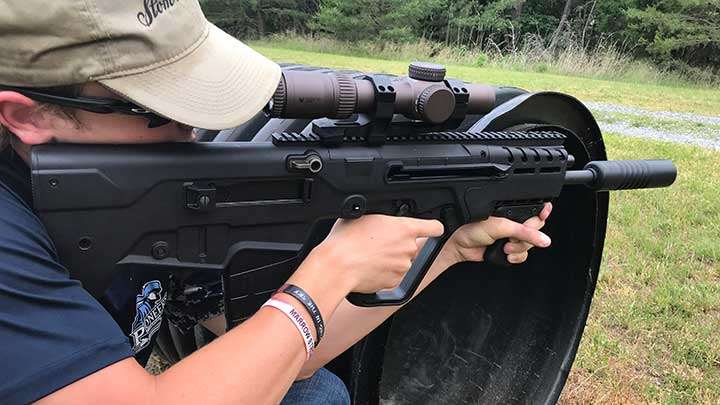 The IWI Tavor 7 in action during shooting drills for testing.