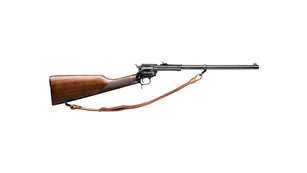 Heritage Manufacturing Rough Rider Rancher Carbine right-side view with leather sling revolving single-action wood stock shown on white background