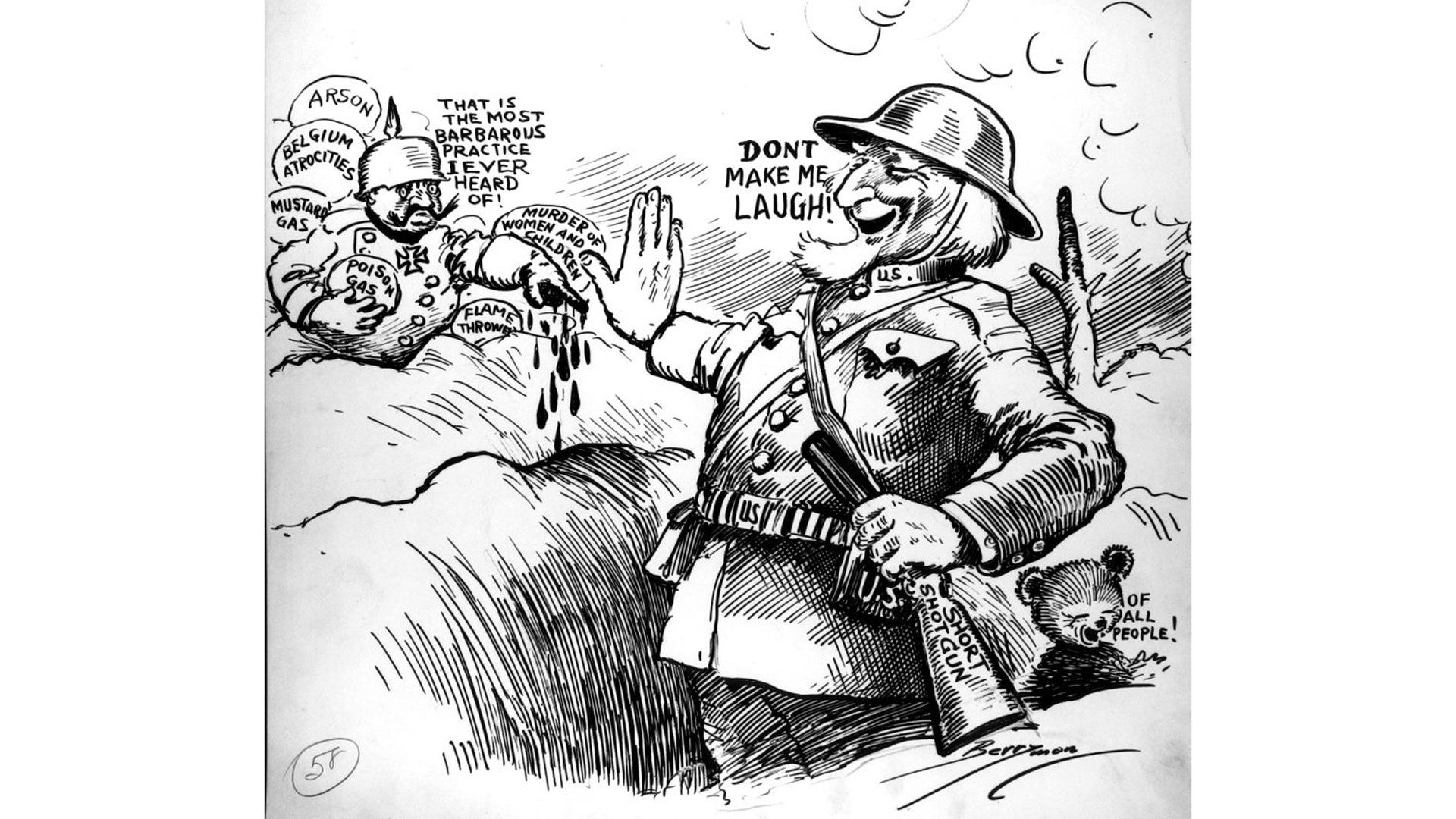 The American public generally regarded the German protest on the use of shotguns to be absurd hypocrisy, with this cartoonist capturing the mood quite cleverly. In the drawing, Uncle Sam is lucky enough to have a cartridge belt for his shot shells, something the Doughboys unfortunately did not receive.