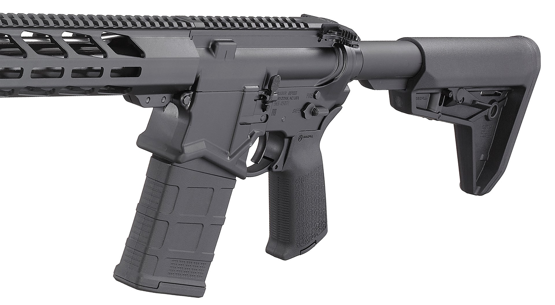 Closeup detail image cropped-in on black semi-automatic rifle gun ruger sfar