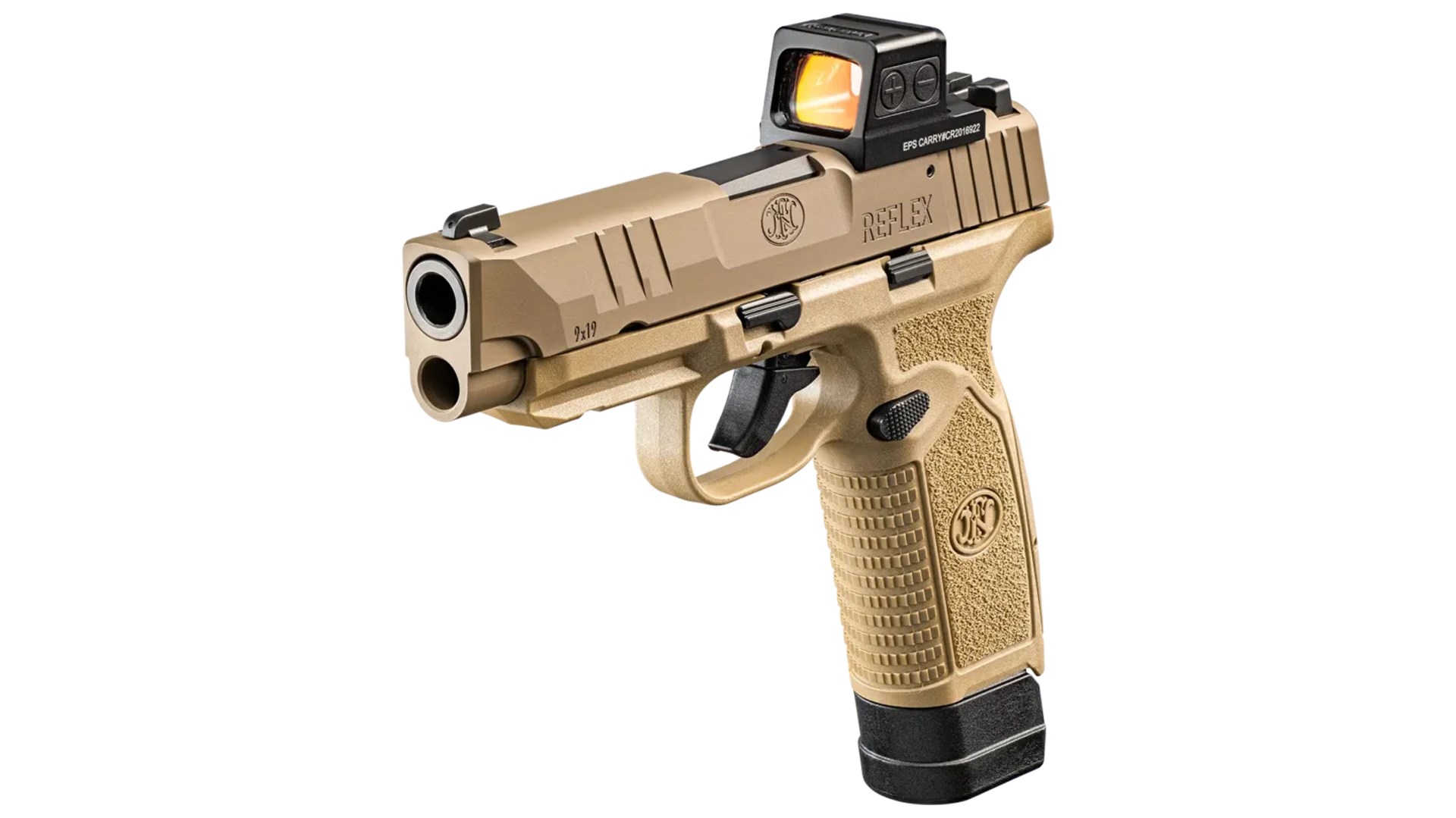 FN American Reflex XL MRD FDE pistol left-side angled view flat dark earth color gun with black extended magazine and holosun red-dot optic attached to top of slide