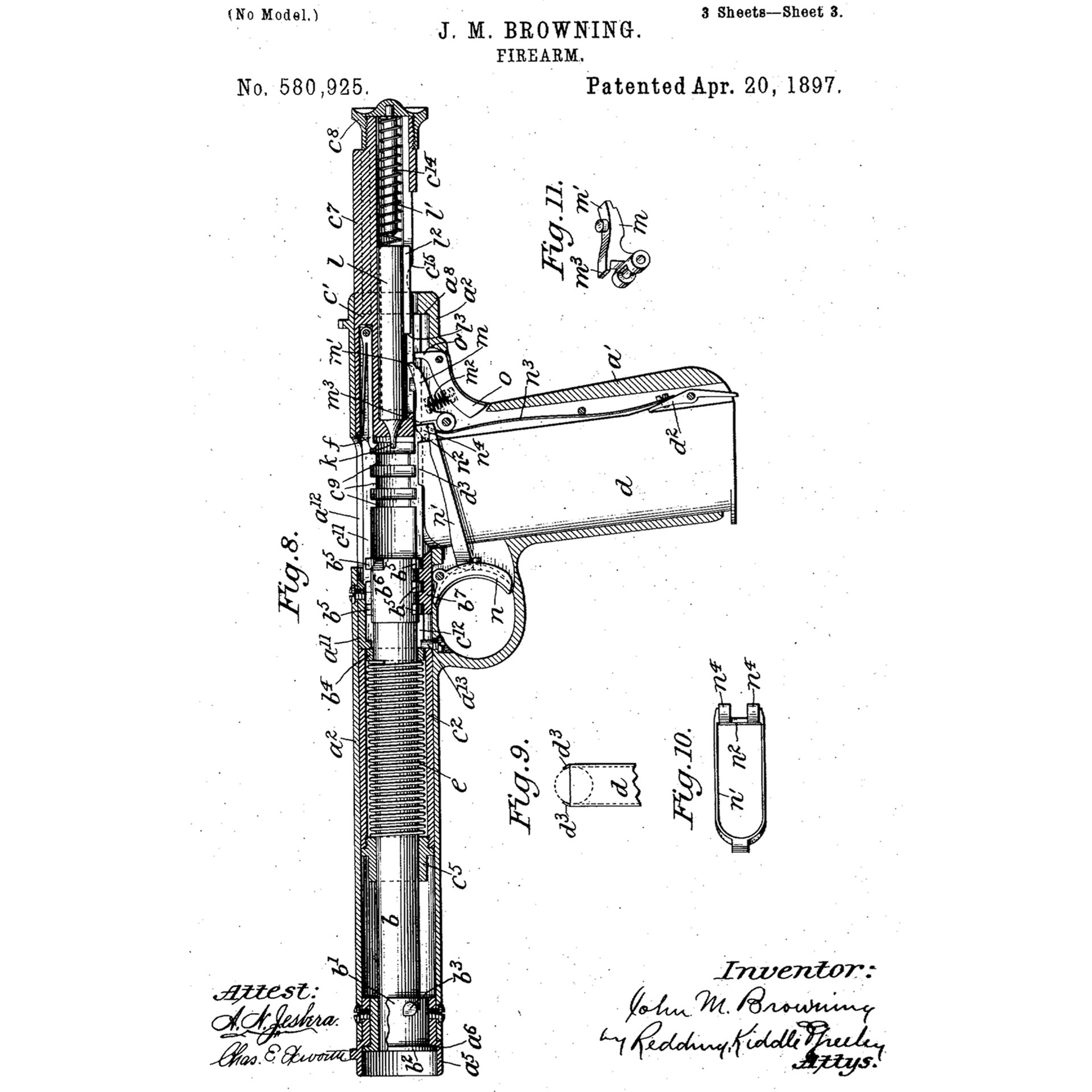 Patent drawing gun pistol handgun john moses browning 1897 patent rotary-barrel pistol