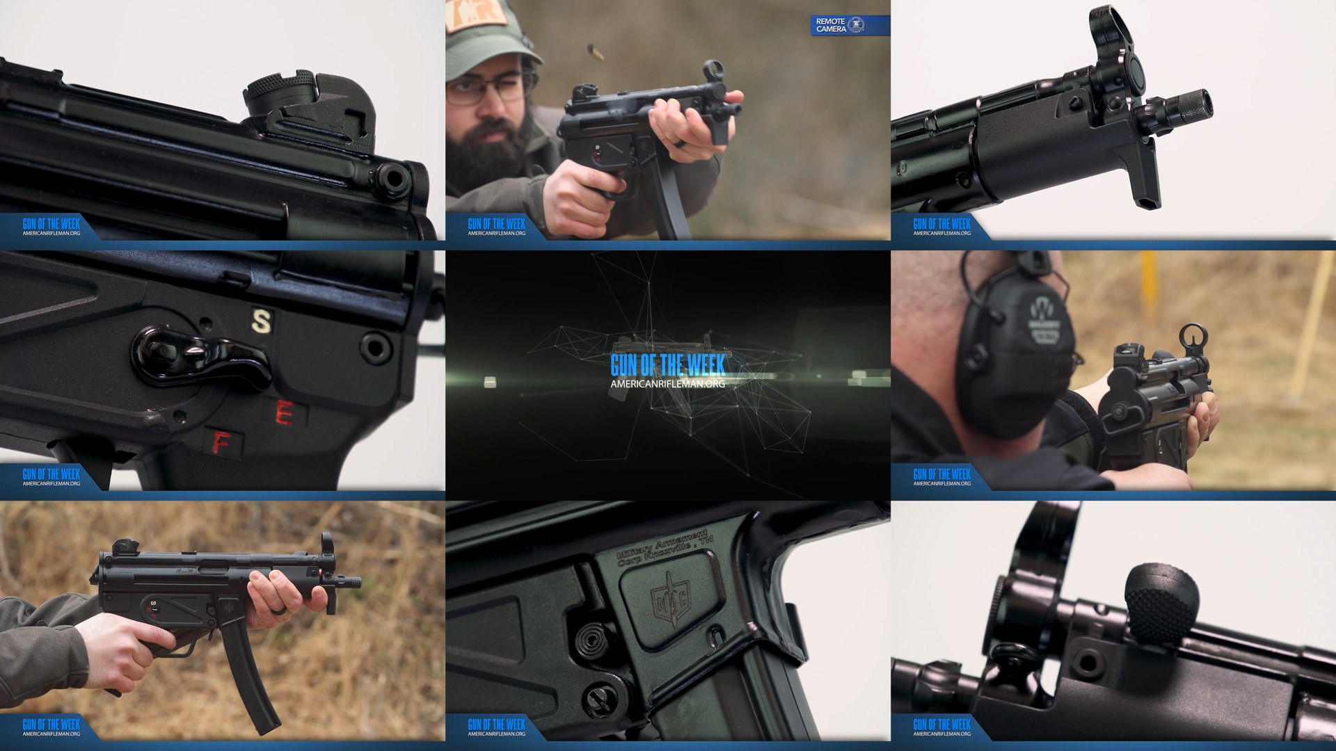 GUN OF THE WEEK AMERICANRIFLEMAN.ORG text on images of men shooting Military Armament Corp. MAC-5K large-format pistol 9 mm mosaic tiles 9 image arrangement detail closeups of black gun