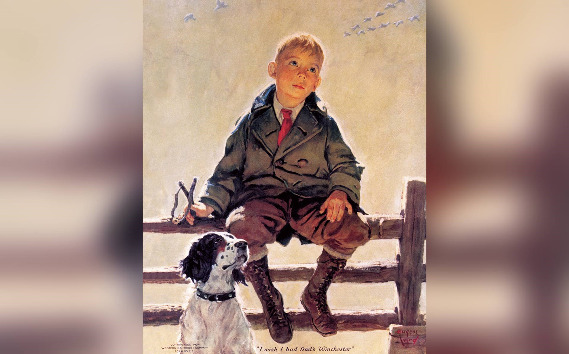 painting of boy on fence with dog and slingshot peering at the sky of birds