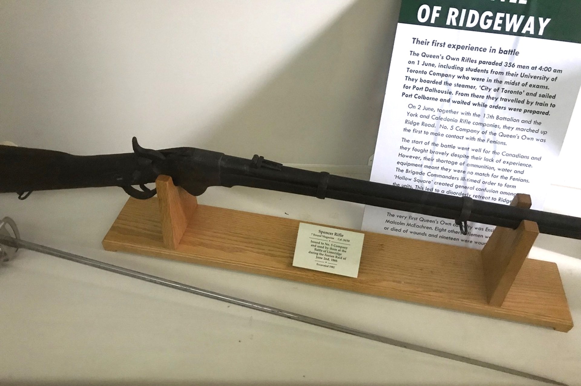 This “excavated” M1865 Spencer rifle in the QOR Museum was not recovered from the Ridgeway battlefield, but rather from Lake Ontaria along Toronto’s waterfront, and it was not one of the 40 Spencer rifles issued to Number 5 Company, Queen’s Own Rifles in June 1866. Image courtesy of Owen Conner.