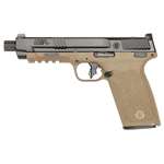 Left-side view smith & wesson M&P 5.7 two-tone black slide fde frame threaded barrel