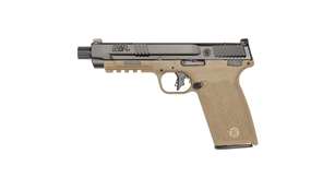 Left-side view smith & wesson M&P 5.7 two-tone black slide fde frame threaded barrel