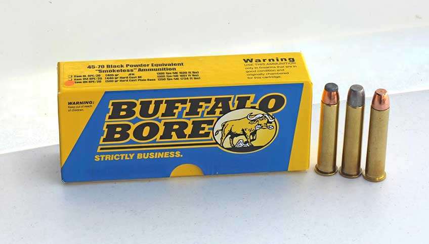 Buffalo Bore ammunition box yellow blue package .45-70 gov&#x27;t cartridges row stack arrangement