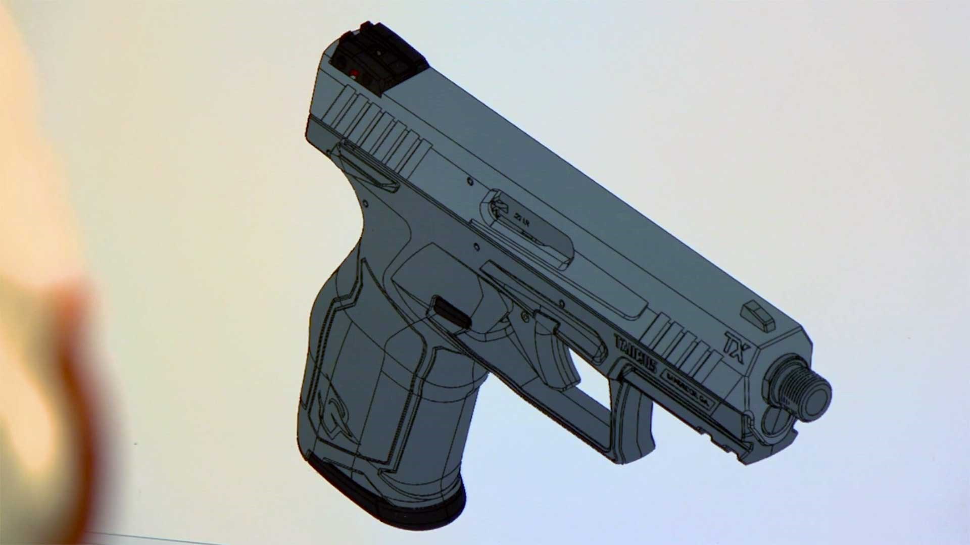 A 3D graphic rendering of a Taurus TX22 pistol on a computer screen.