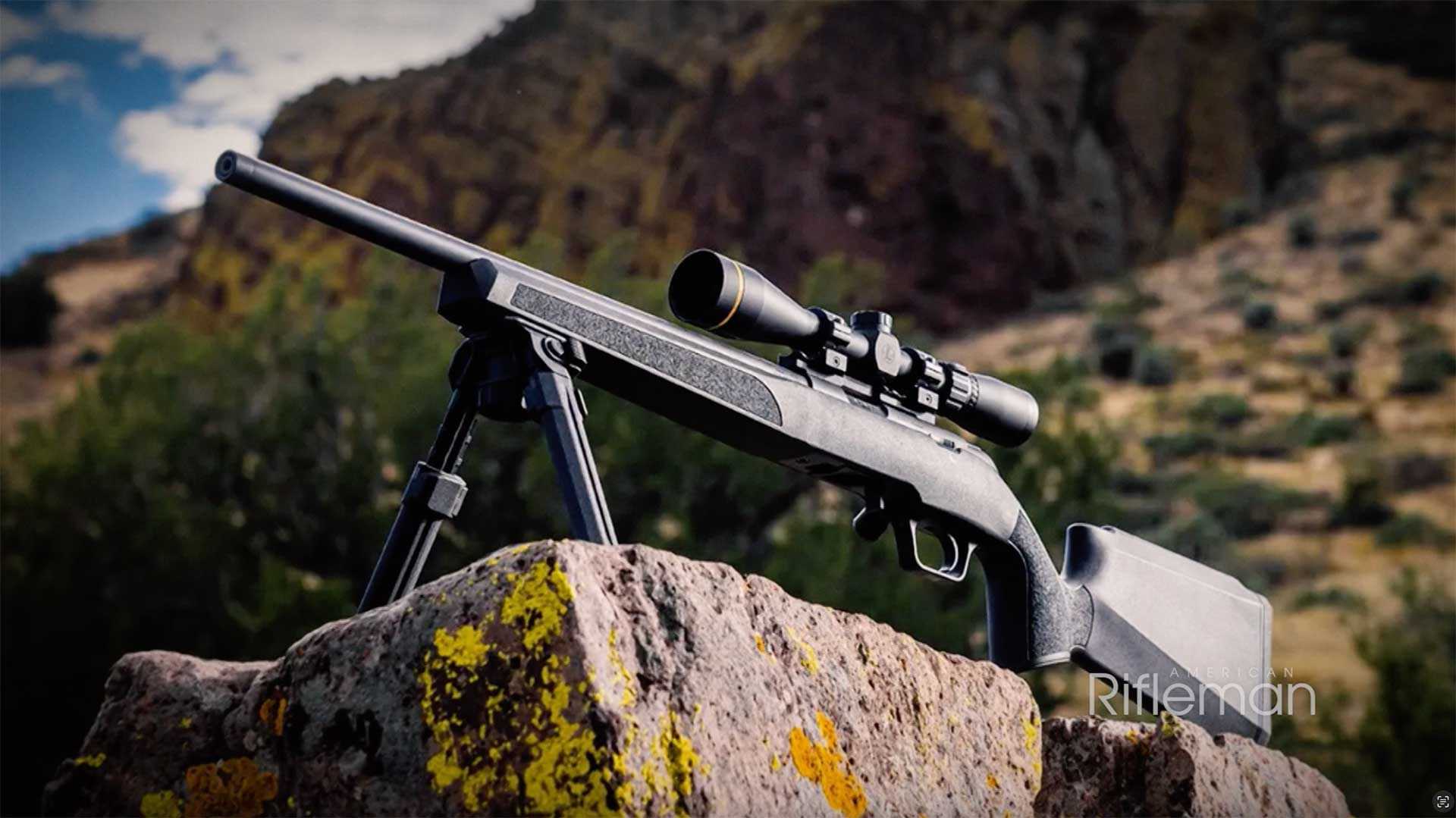 Black Springfield Model 2020 Rimfire Target propped up on a mossy rock with a bipod.