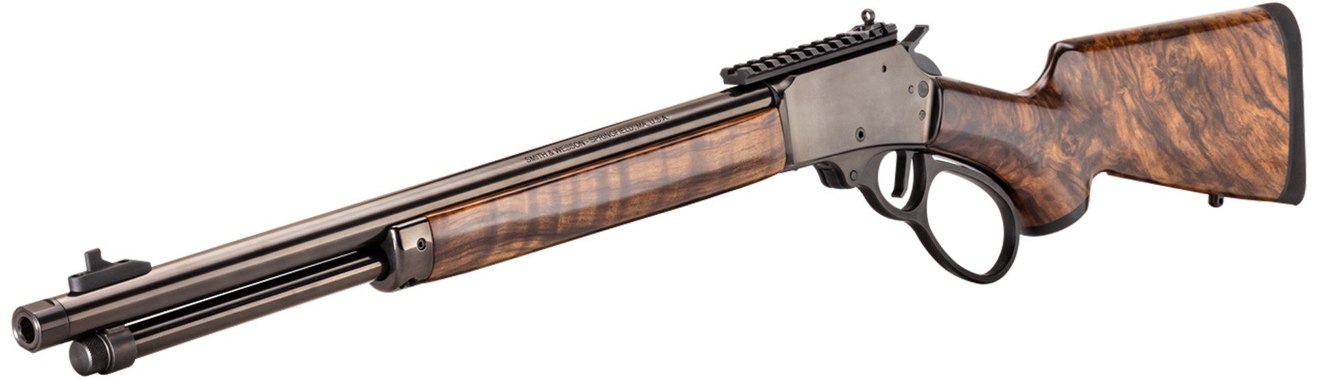 smith & wesson lever-action rifle dynamic angle left-side view stunning walnut stock high gloss finish white background black metal