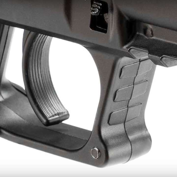 Right-side close-up view of P17 trigger, take-down lever, Picatinny Rail and clamshell frame design on trigger guard.