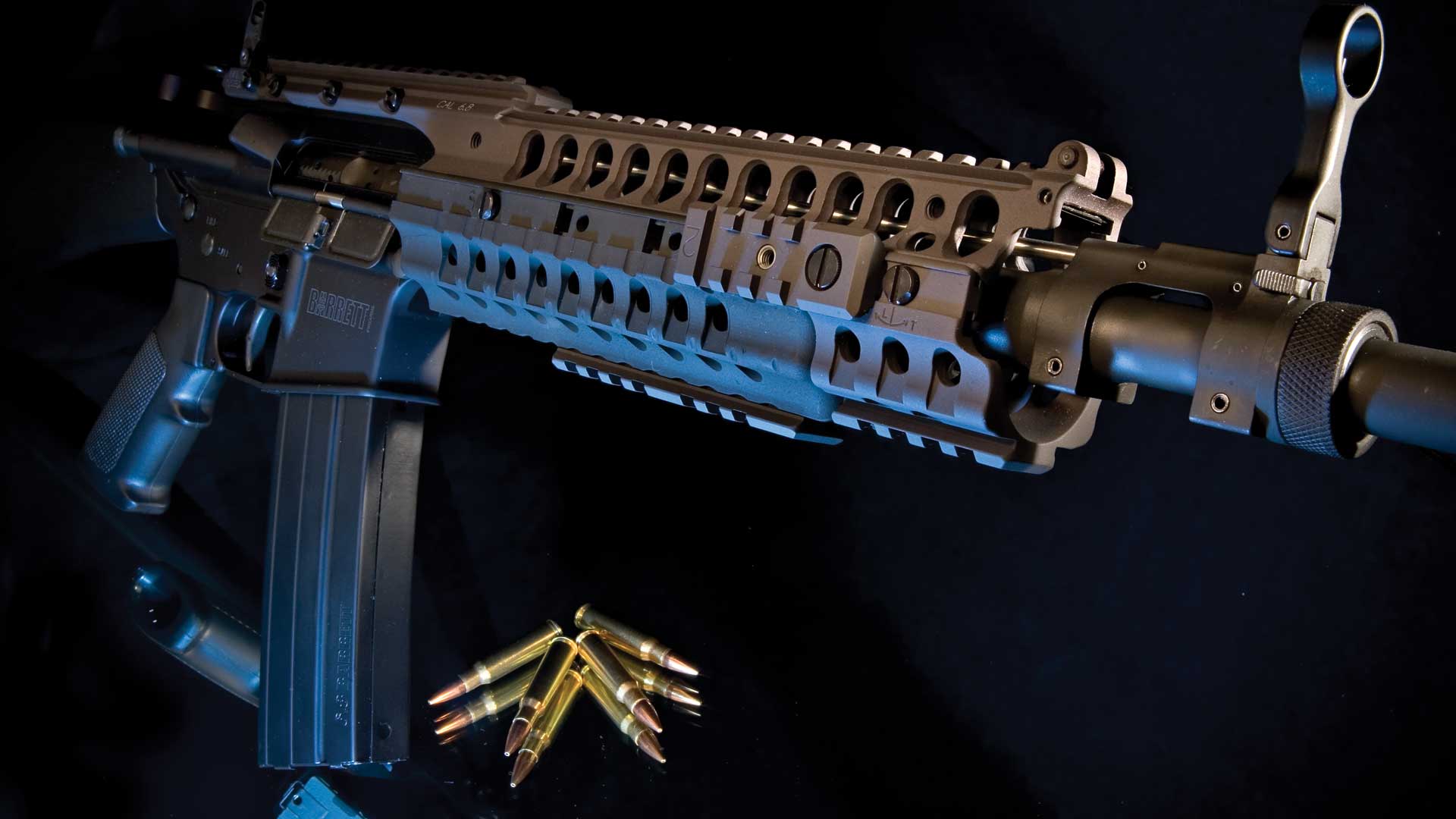 dynamic view rifle semi-automatic 6.8 SPC ammunition rounds brass blue gel lighting