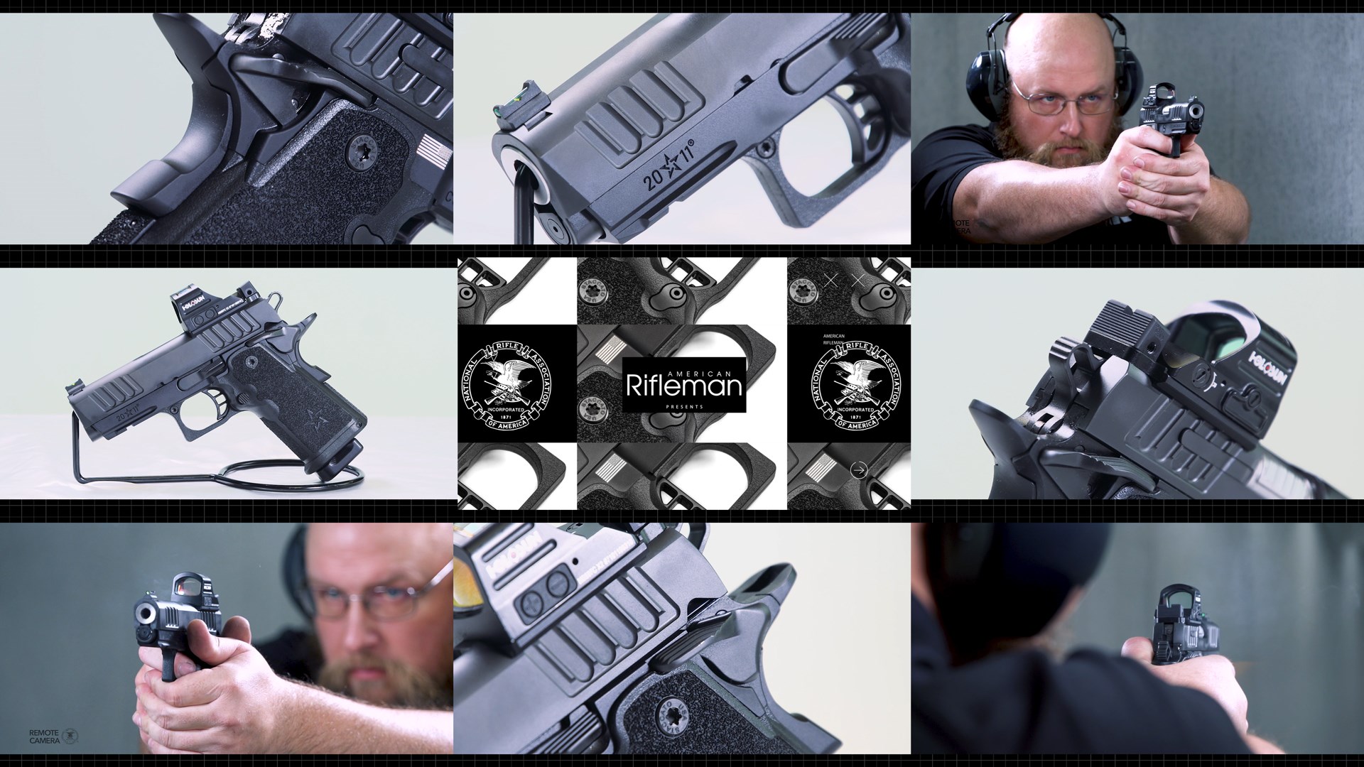 Staccato CS handgun pistol nine image mosaic man shooting gun left right detail images semi-automatic 9 mm compact hybrid m1911 double stack