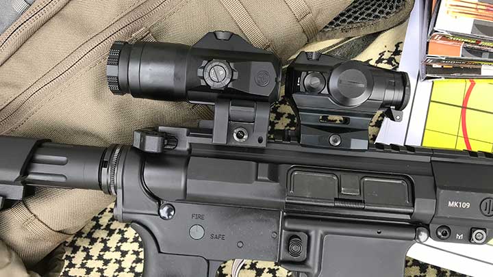 A SIG Sauer Romeo 4 was mounted on the PWS MK109 PRO.  The Romeo 4 mates up seamlessly with the SIG Sauer Juliet 4x magnifier.  The Juliet 4 magnifier is on a tilt mount allowing for it to be swung out of the way until situation called for its use.