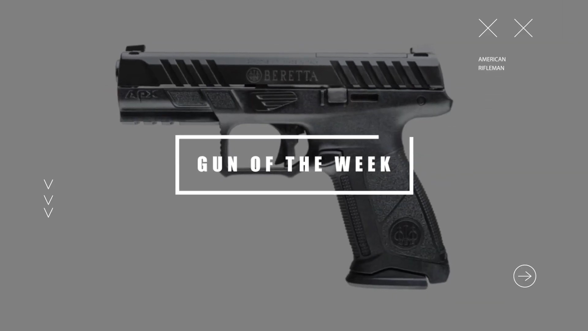 GUN OF THE WEEK text box overlay black beretta apx a1 compact 9 mm handgun AMERICAN RIFLEMAN text arrows X