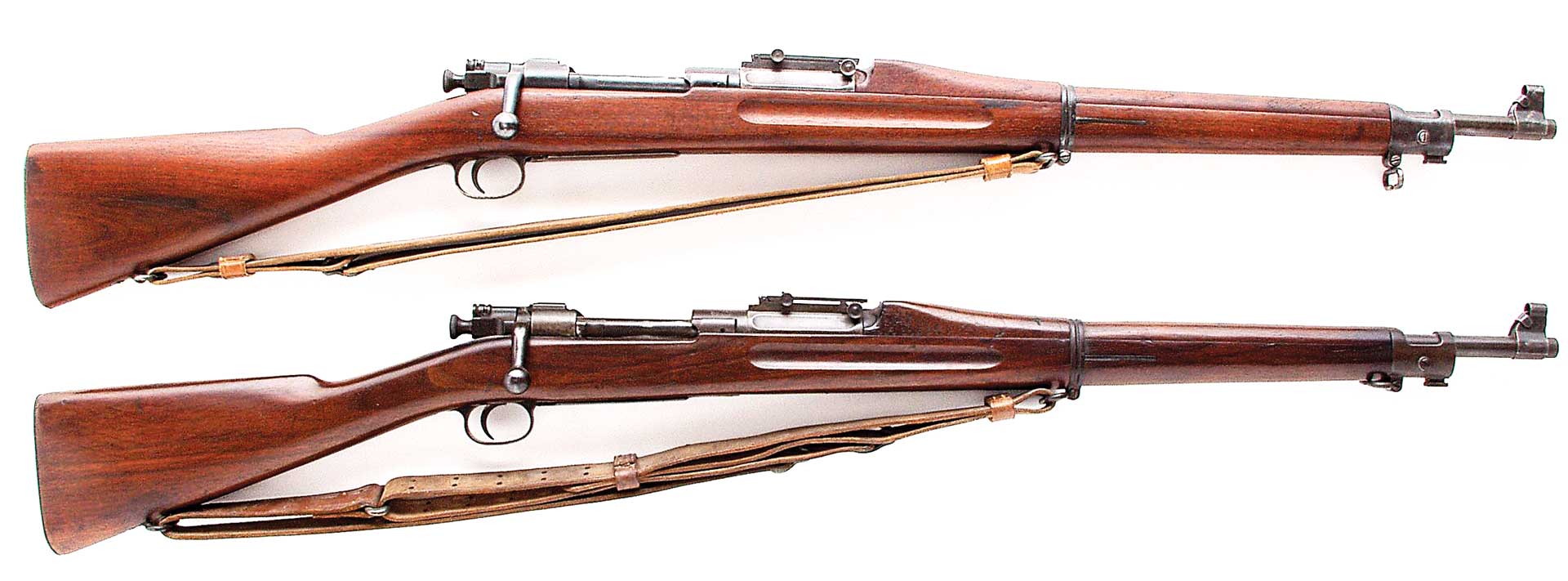 two rifle wooden metal leather strap sling gun bolt-action military surplus guns