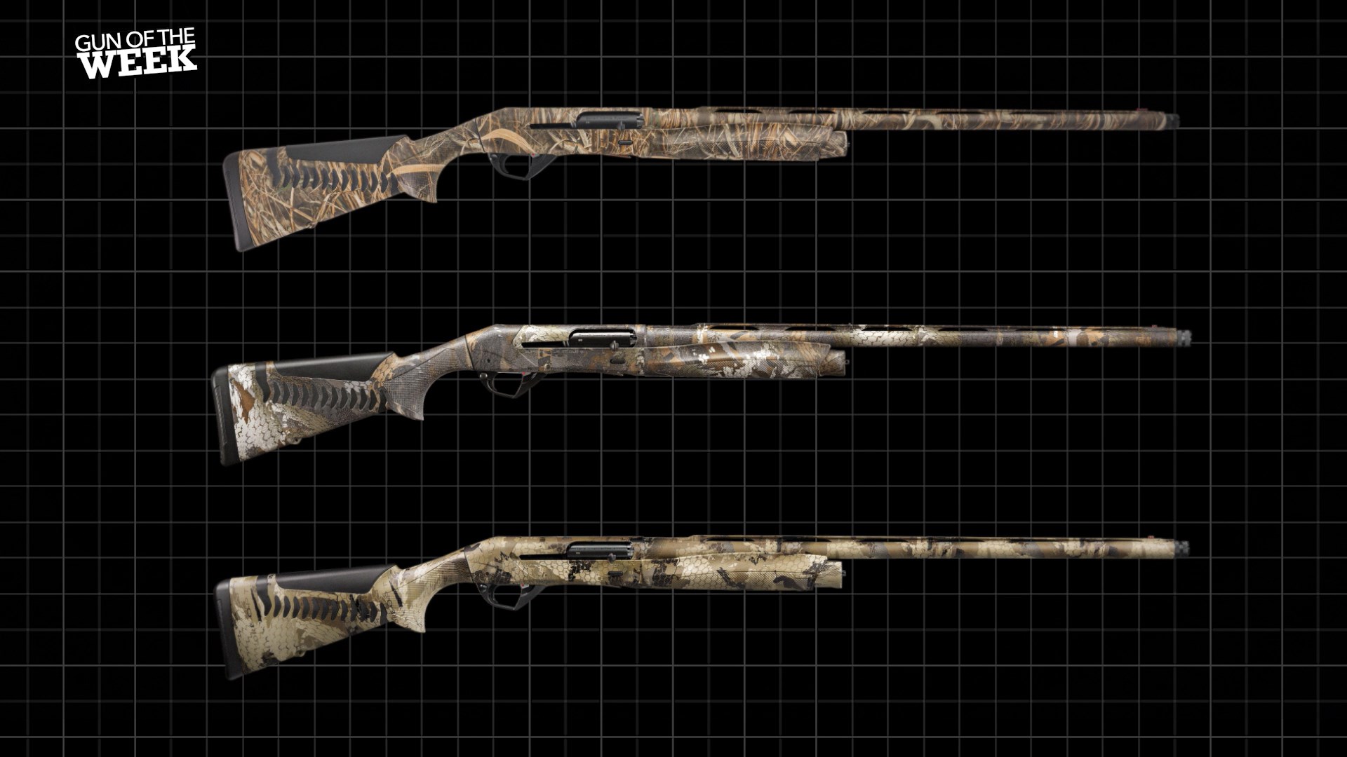 three benelli shotguns stack on black grid overlay shotguns camouflage 20 gauge SBE3 GUN OF THE WEEK