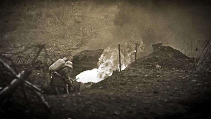 A German flame thrower in action.