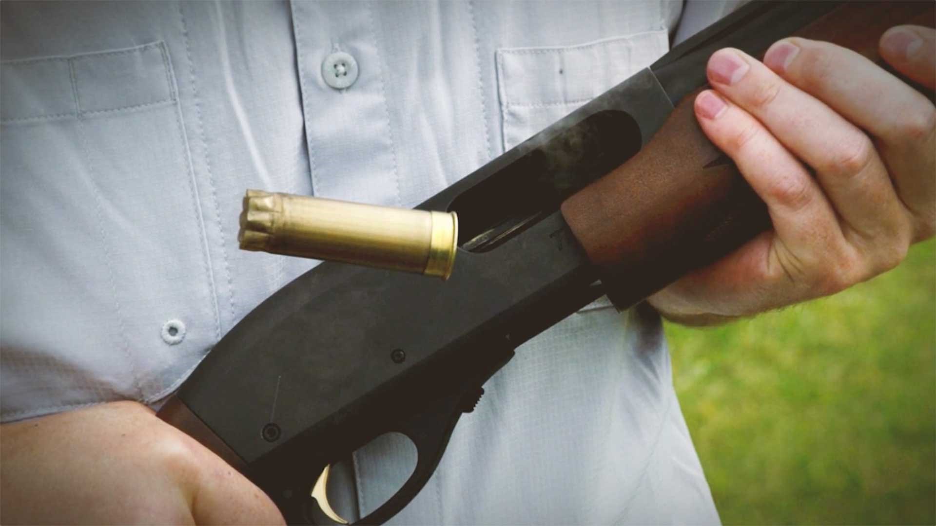 Ejecting a fired Remington shotshell out of a pump-action shotgun.