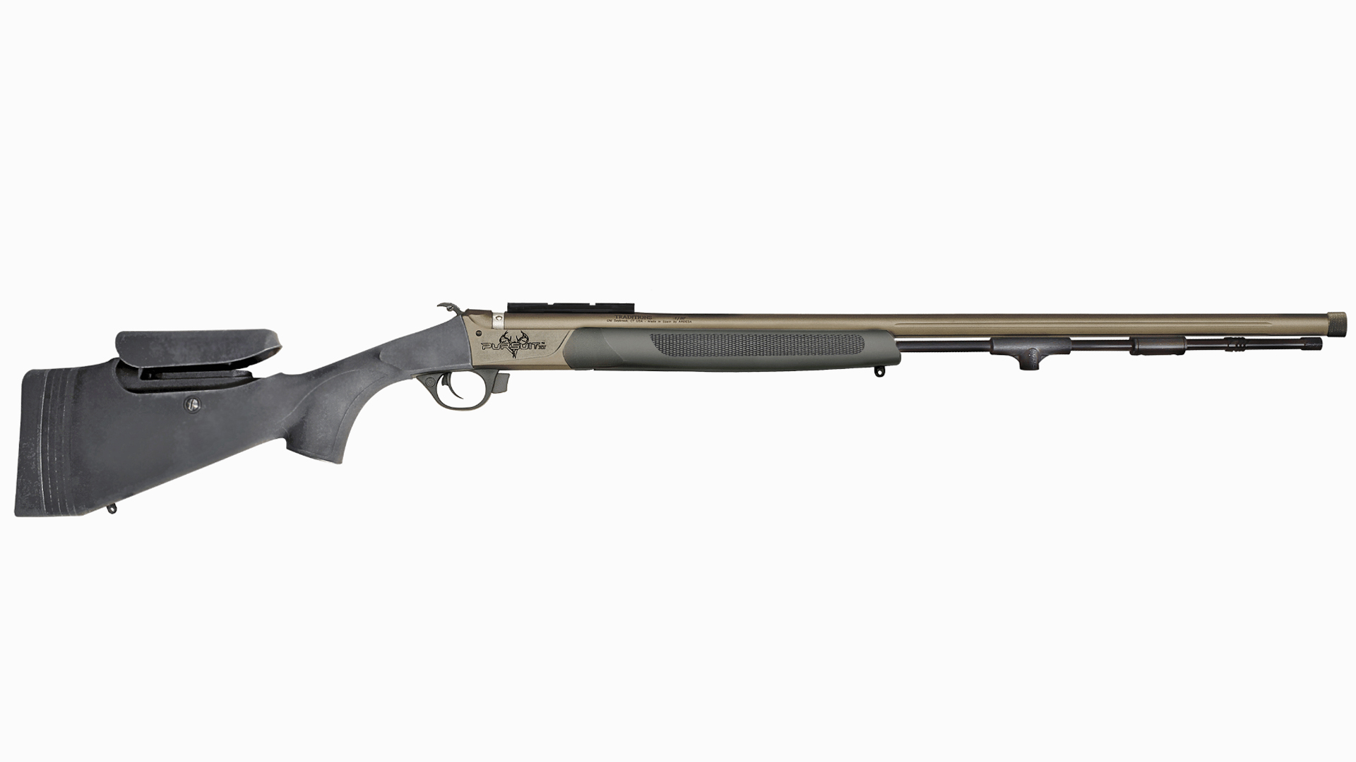 Right side of the Traditions Pro Series Pursuit XT muzzleloader pictured with black furniture.