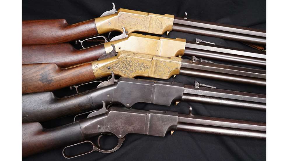 An unprecedented selection of five Henry rifles will be included in this auction, including two engraved brass framed examples and two ultra-rare iron frame Henrys.